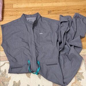Figs Gray scrub Jumpsuit with Teal Accents